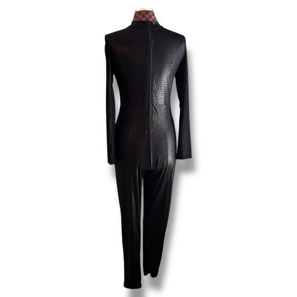 Black Crocodile Embossed Jumpsuit Catsuit Large Cosplay Goth Sheer Mesh Sleeves - Picture 3 of 10